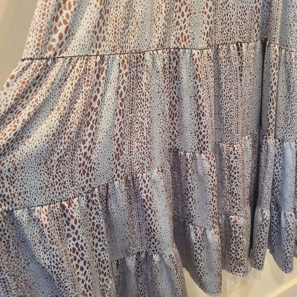 KARLIE Icy Blue And Brown Dot Print Satin Oversized Tiered Maxi Dress - Picture 5 of 12